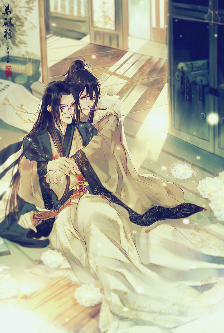 2boys, black_hair, blurry, chang_geng, chinese_clothes, copyright_name, flower, flute