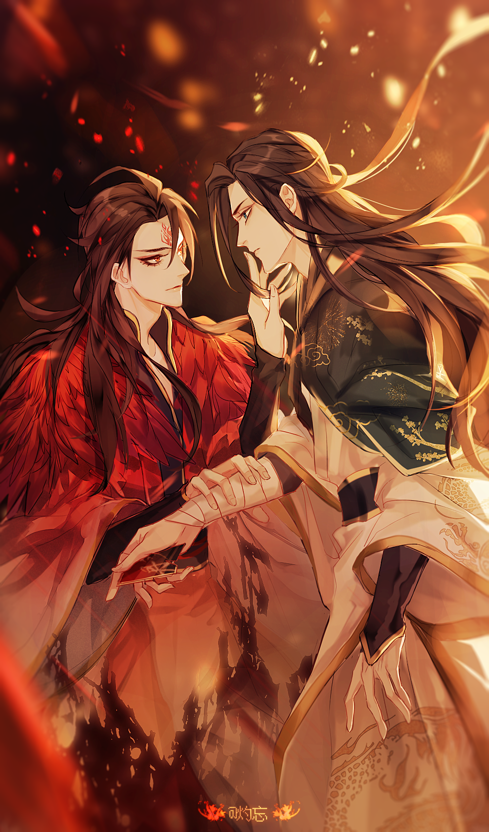 2boys, artist_name, bandages, bishounen, black_hair, braid, chinese_clothes, earrings