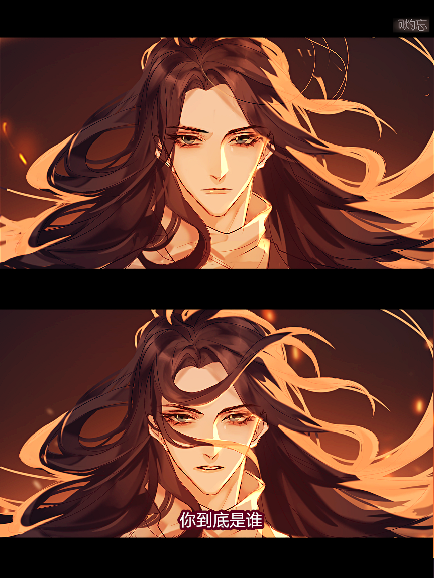 1boy, artist_name, bishounen, black_hair, brown_hair, chinese_text, closed_mouth, embers