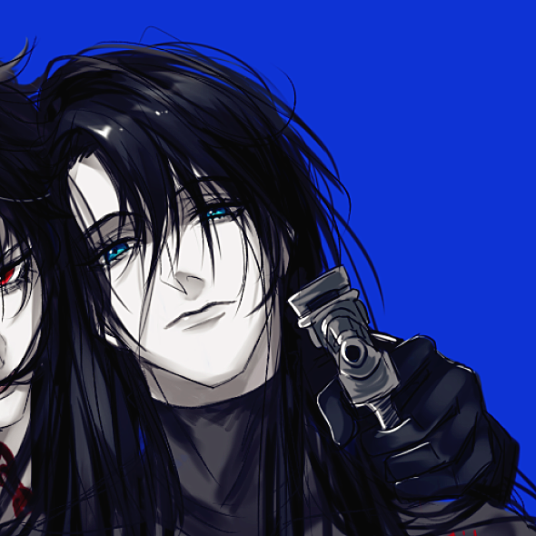 2boys, aiming, aiming_at_viewer, bishounen, black_gloves, black_hair, blue_background, blue_eyes, closed_mouth, gloves, gun, hair_between_eyes, handgun, holding, holding_gun, holding_weapon, lie_huo_jiao_chou, long_hair, looking_at_viewer, male_focus, messy_hair, multiple_boys, pale_skin, parted_lips, red_eyes, sheng_lingyuan, simple_background, solo_focus, upper_body, watermark, weapon, xuan_ji, yaoi, zhuowang233