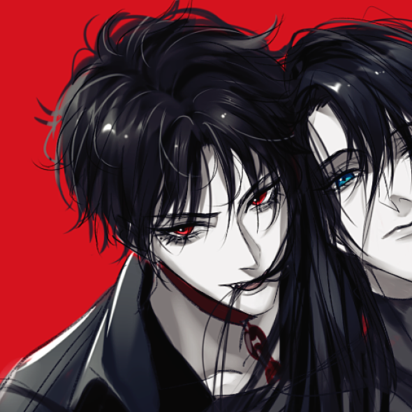 2boys, bishounen, biting, black_hair, blue_eyes, closed_mouth, fang, fangs, lie_huo_jiao_chou, long_hair, looking_at_viewer, male_focus, mouth_hold, multiple_boys, portrait, red_background, red_eyes, sheng_lingyuan, short_hair, simple_background, smile, solo_focus, tattoo, upper_body, vampire, xuan_ji, yaoi, zhuowang233