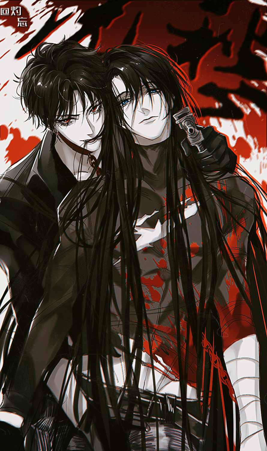 2boys, artist_name, bandages, belt, black_hair, blood, blue_eyes, highres