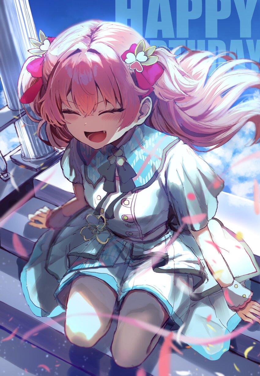 1girl, absurdres, blush, bow, character_name, closed_eyes, confetti, dress