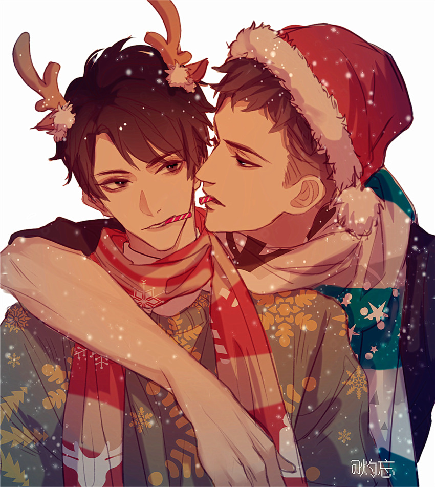 2boys, animal_ears, antlers, artist_name, black_hair, brown_hair, candy, candy_cane