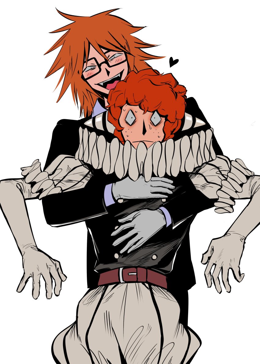 2boys, absurdres, black_coat, black_eyes, clown, coat, commentary_request, fangs