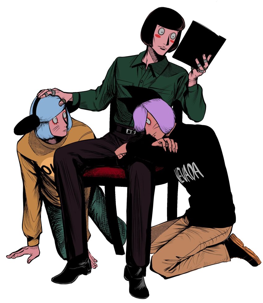 3boys, animal_ears, animal_hat, black_eyes, black_sweater, blue_hair, book, brown_hair