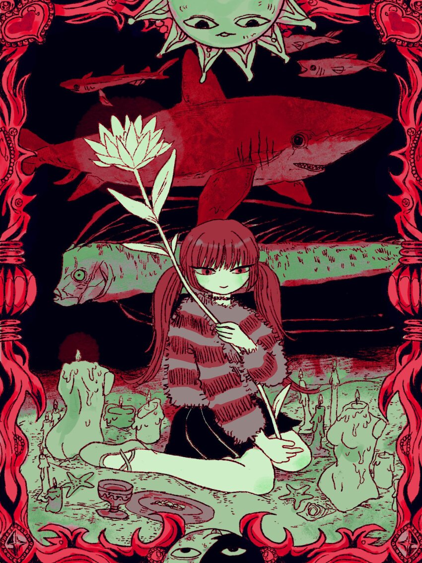 1girl, animal, barracuda, candle, creampuffmurder, crescent, cup, fish, flower, highres, holding, holding_flower, limited_palette, moon, oarfish, original, shark, sitting, solo, striped_clothes, striped_sweater, sun, sweater, twintails, wariza