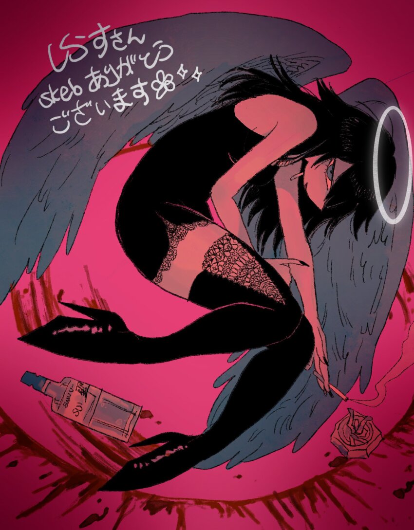 1girl, angel, ashtray, black_dress, black_hair, black_thighhighs, blood, blood_stain, boots, bottle, cigarette, creampuffmurder, dress, from_above, full_body, grey_wings, high_heel_boots, high_heels, highres, holding, holding_cigarette, lace, lace-trimmed_dress, lace-trimmed_thighhighs, lace_trim, long_hair, original, short_dress, thighhighs, wings