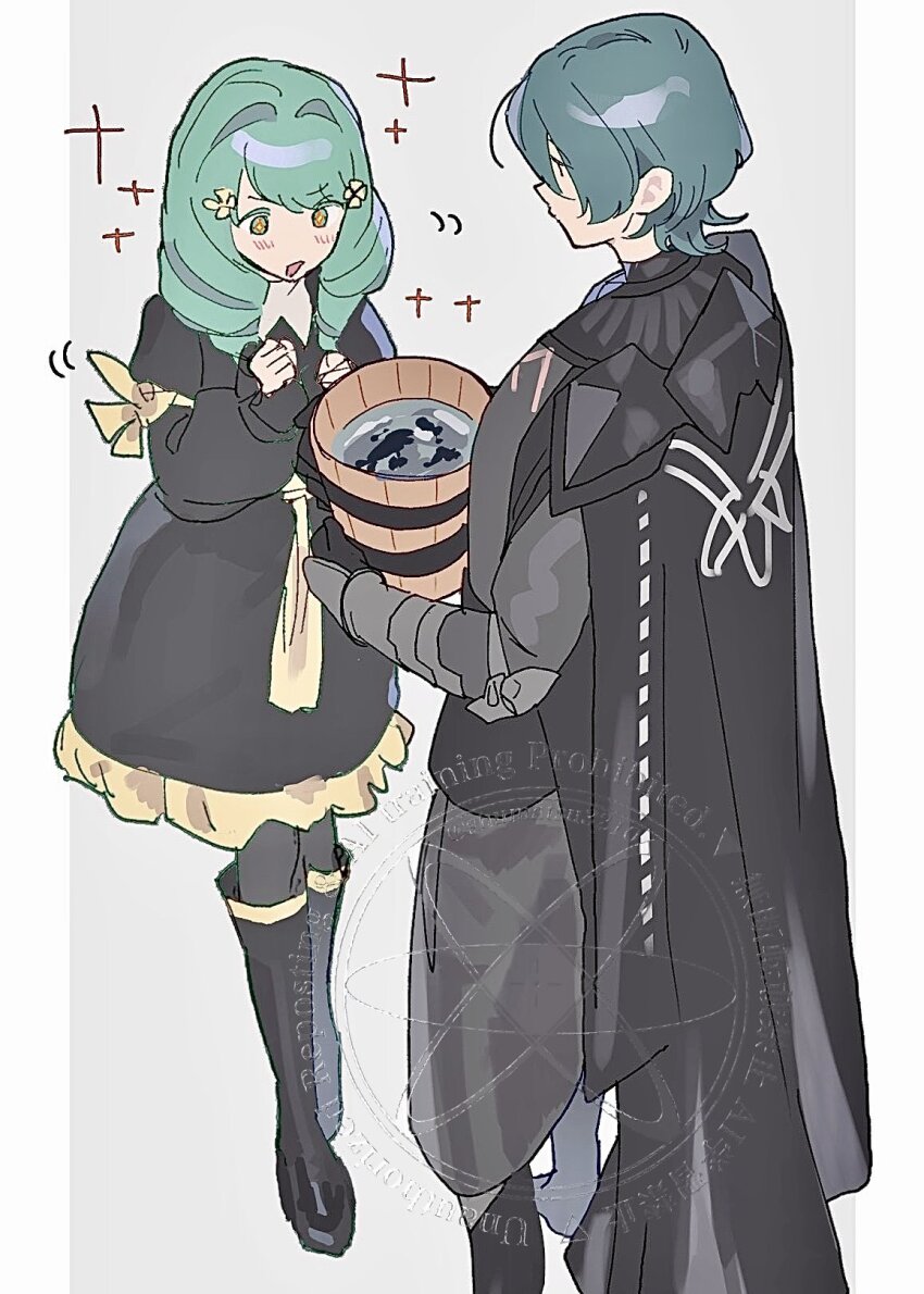 1boy, 1girl, aqua_hair, armor, black_armor, black_boots, black_cape, black_dress