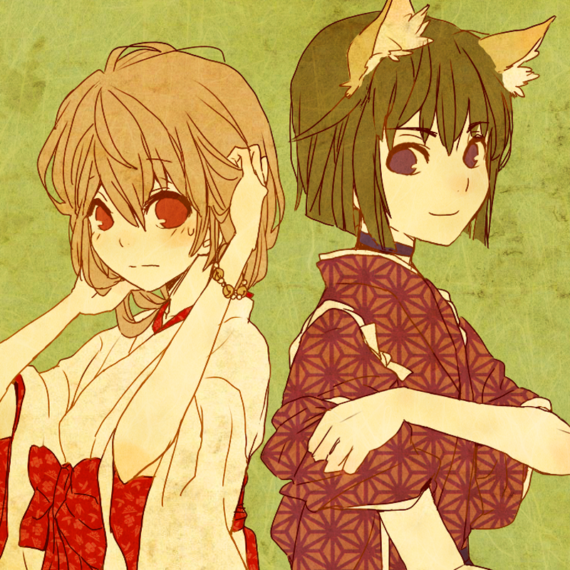 1boy, 1girl, animal_ear_fluff, animal_ears, asa_no_ha_(pattern), back-to-back, black_choker, blush