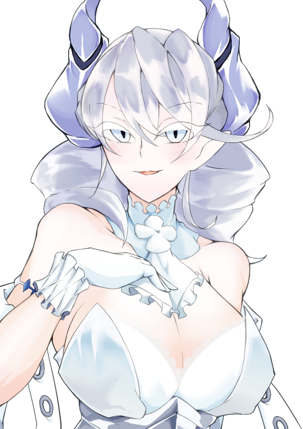 1girl, breasts, cleavage, collarbone, corset, cowboy_shot, demon_girl, demon_horns