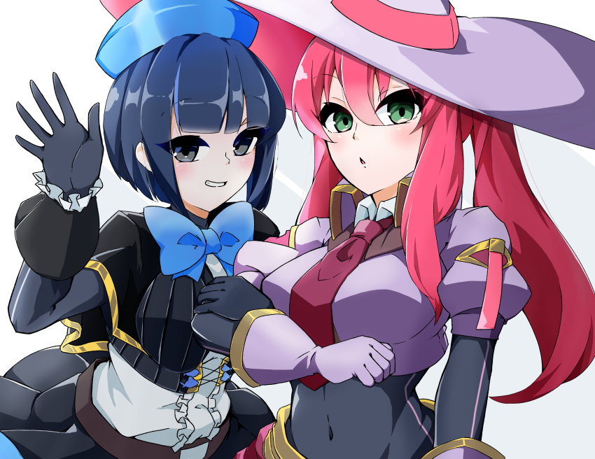 2girls, absurdres, ascot, black_gloves, blue_bow, blue_hair, blush, bow