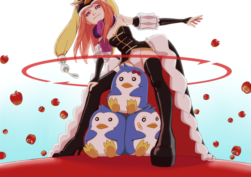 1girl, apple, bird, falling, food, fruit, highres, long_hair