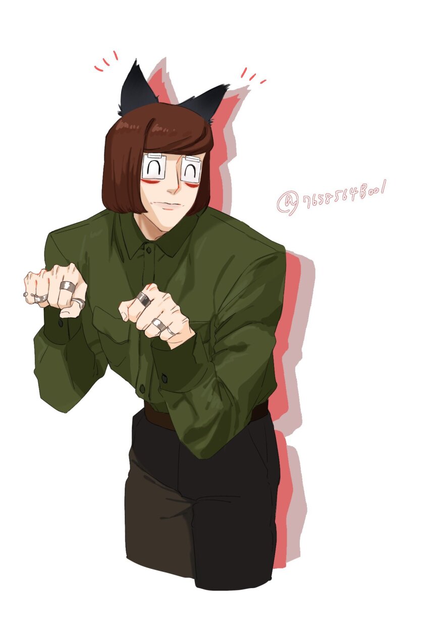 1boy, animal_ears, ba_kuretuman, brown_hair, cat_ears, commentary, cowboy_shot, cropped_legs