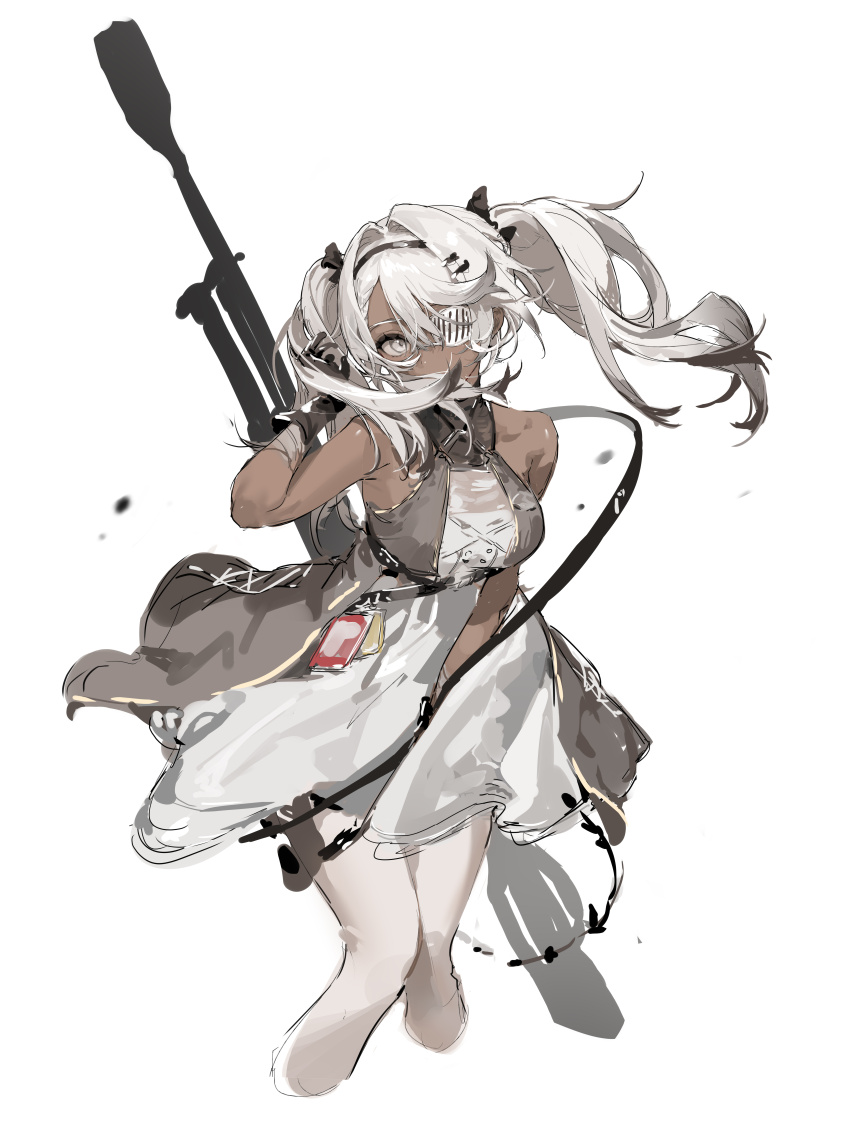 1girl, absurdres, anti-materiel_rifle, bare_shoulders, black_bow, black_gloves, bolt_action, bow