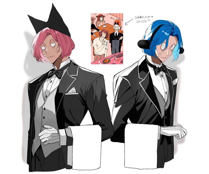 2boys, animal_ears, animal_hat, ba_kuretuman, black_eyes, black_suit, blue_hair, butler