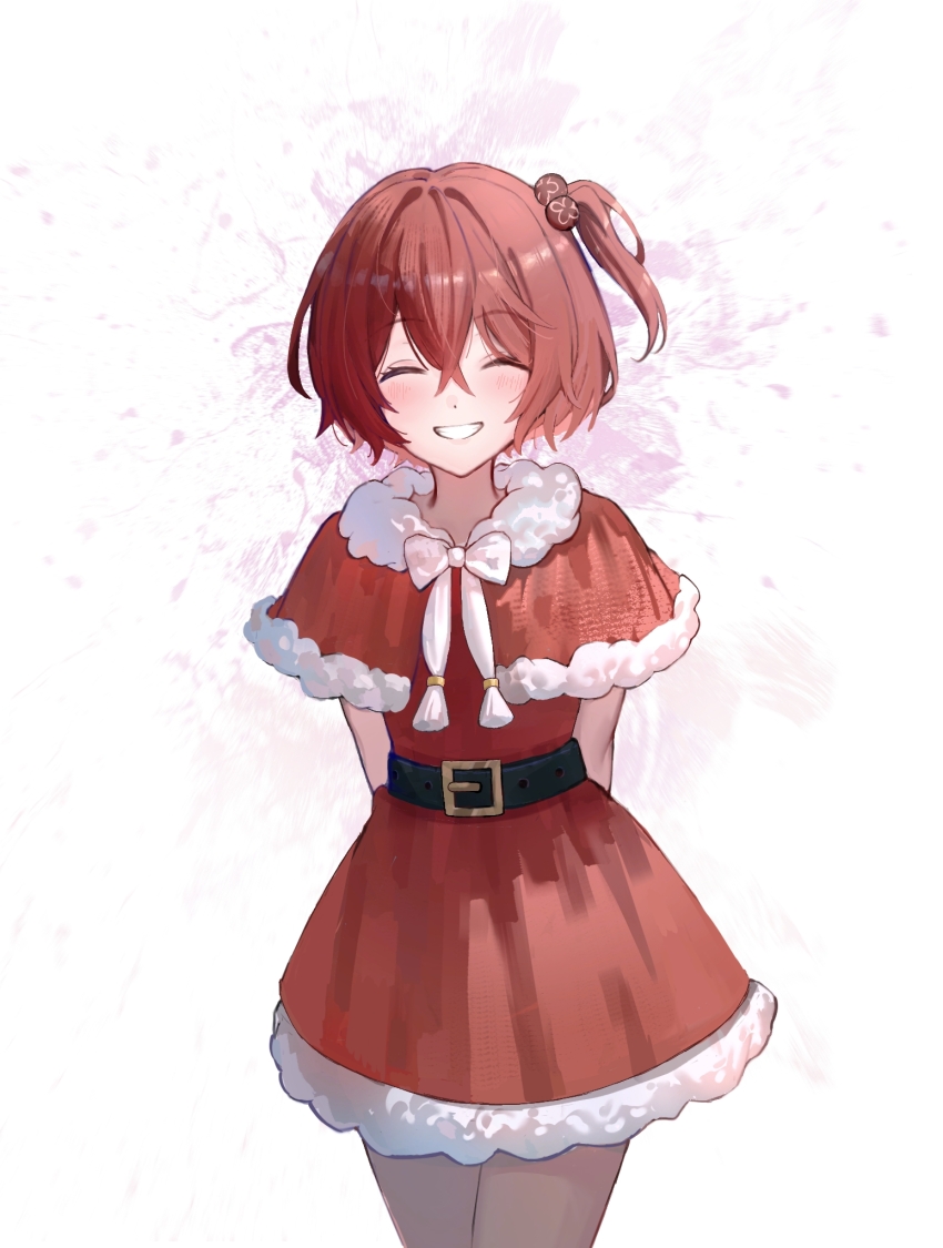 1girl, arm_behind_back, belt, black_belt, bow, chinese_commentary, christmas, closed_eyes