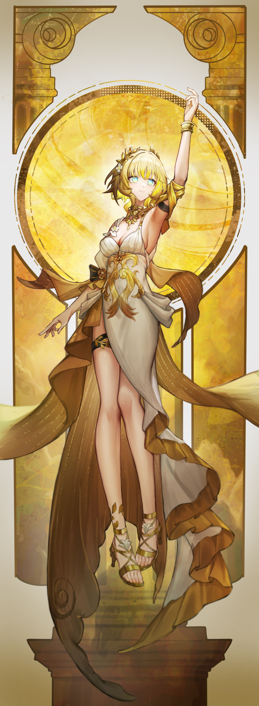 1girl, absurdres, aglaea_(honkai:_star_rail), arm_up, armpits, blonde_hair, bracelet, breasts