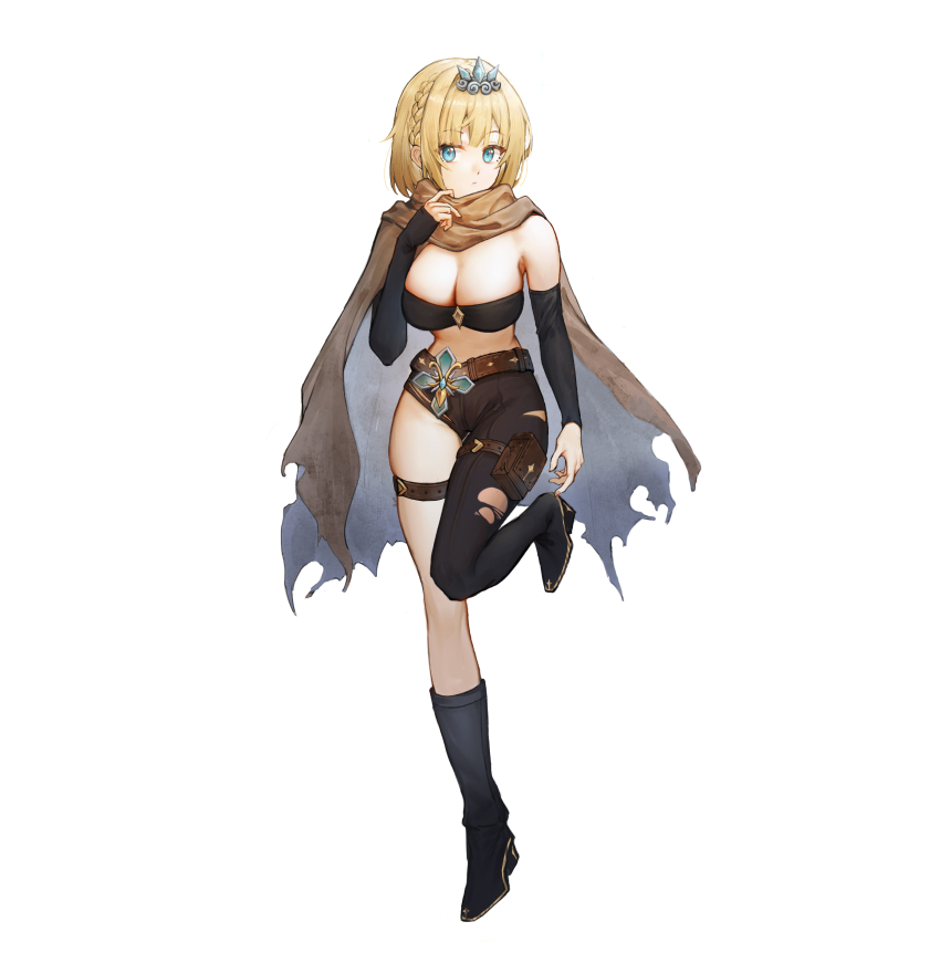 1girl, absurdres, aqua_eyes, asymmetrical_clothes, belt, black_pants, blonde_hair, breasts