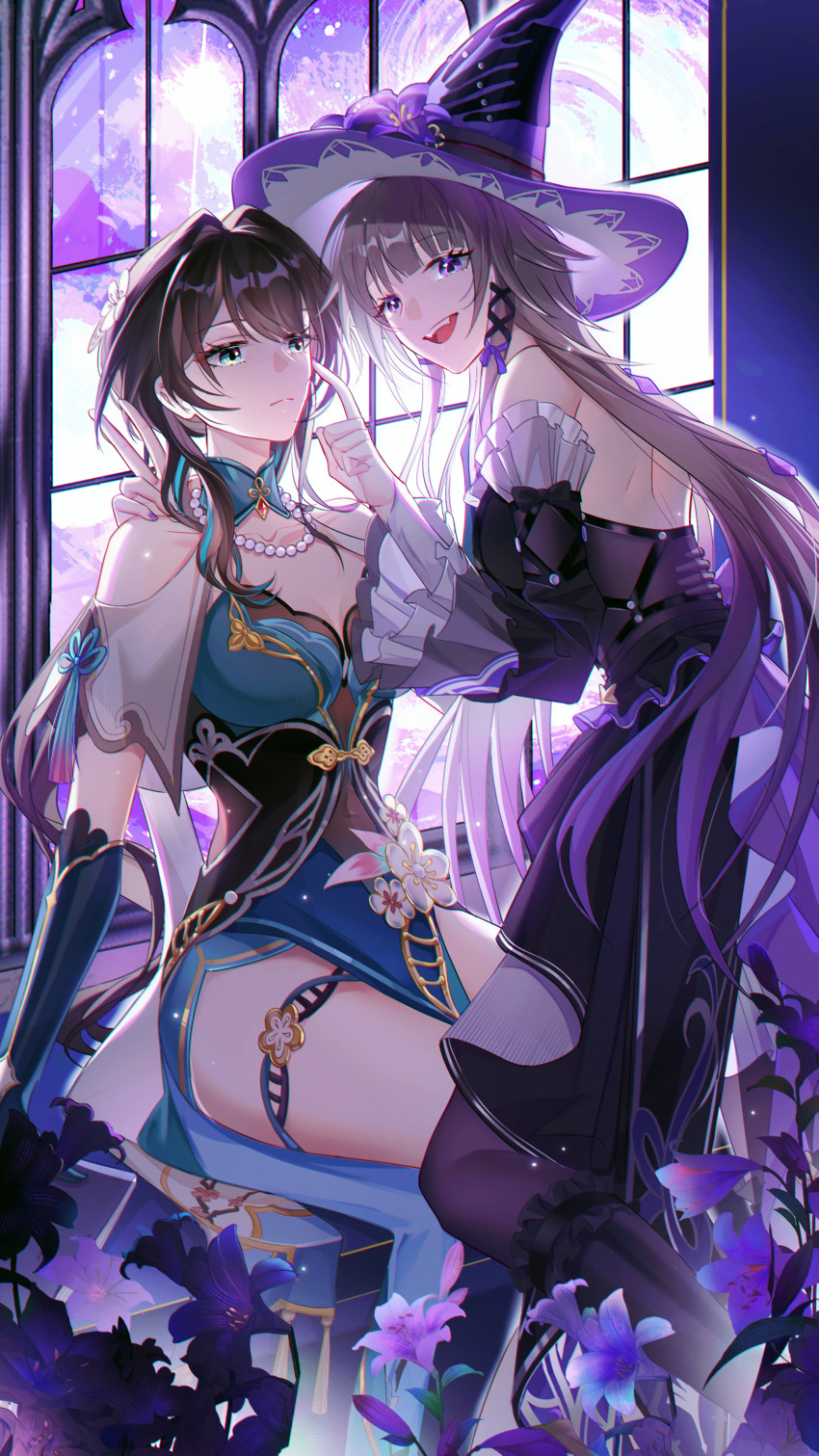 2girls, absurdres, aqua_dress, aqua_eyes, bare_shoulders, black_dress, black_hair, black_hat