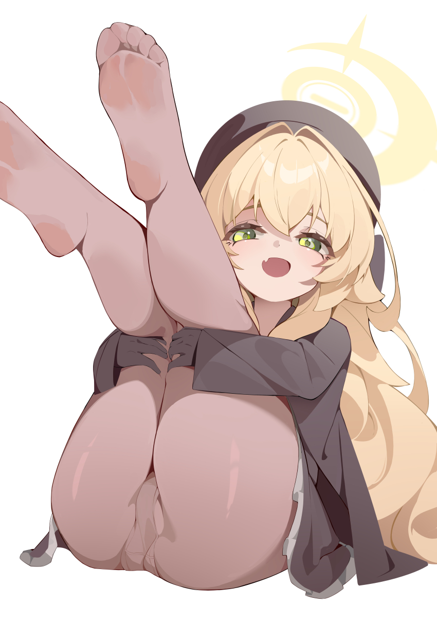 1girl, absurdres, ass, black_coat, black_gloves, black_hat, blonde_hair, blue_archive
