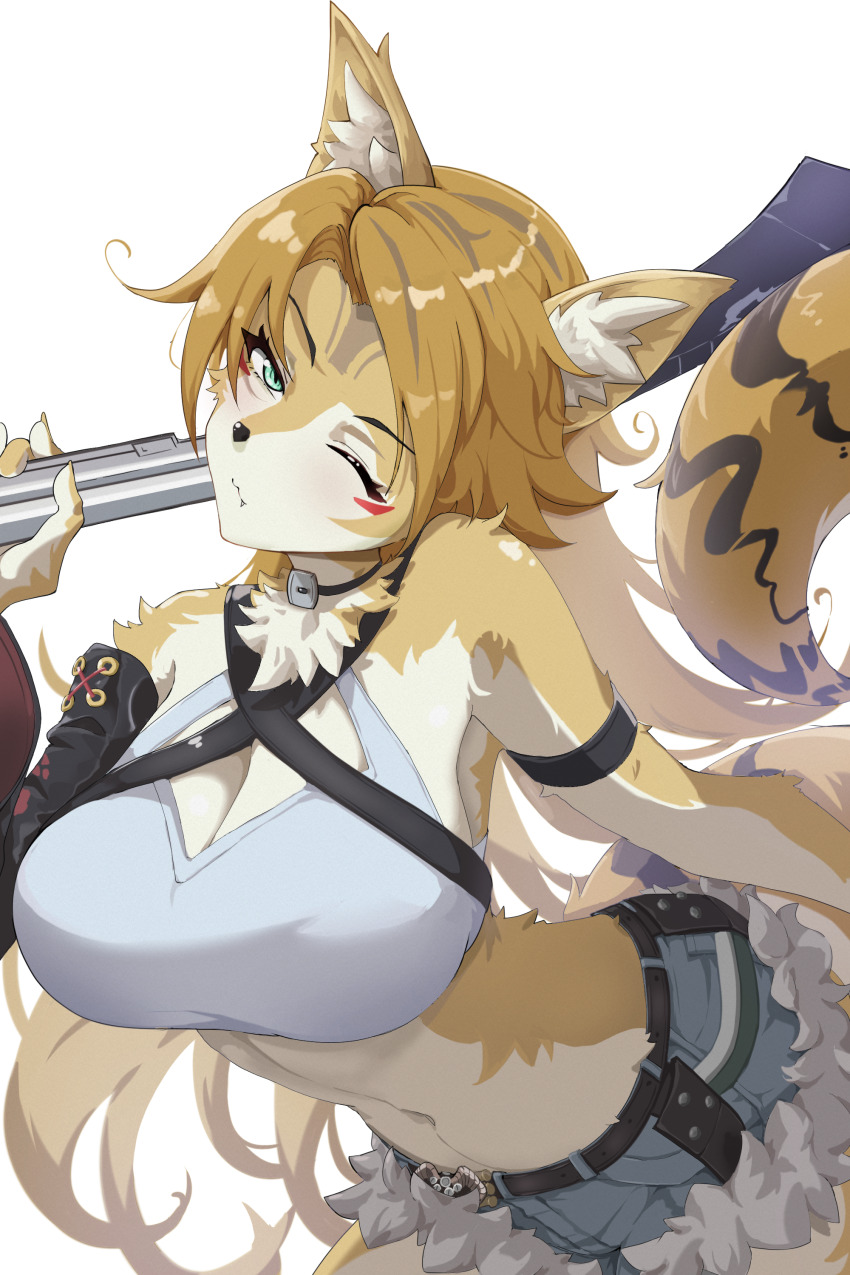 1girl, absurdres, animal_ear_fluff, animal_ears, arm_strap, belt, black_belt, black_choker, blonde_hair, blue_shorts, breasts, cat_ears, cat_girl, cat_tail, choker, cleavage, closed_mouth, cropped_shirt, fang, furry, furry_female, green_eyes, gun, highres, holding, holding_gun, holding_weapon, large_breasts, long_hair, looking_at_viewer, parted_bangs, pulchra_fellini, revermam12, shirt, short_shorts, shorts, smile, solo, tail, weapon, white_shirt, yellow_fur, zenless_zone_zero