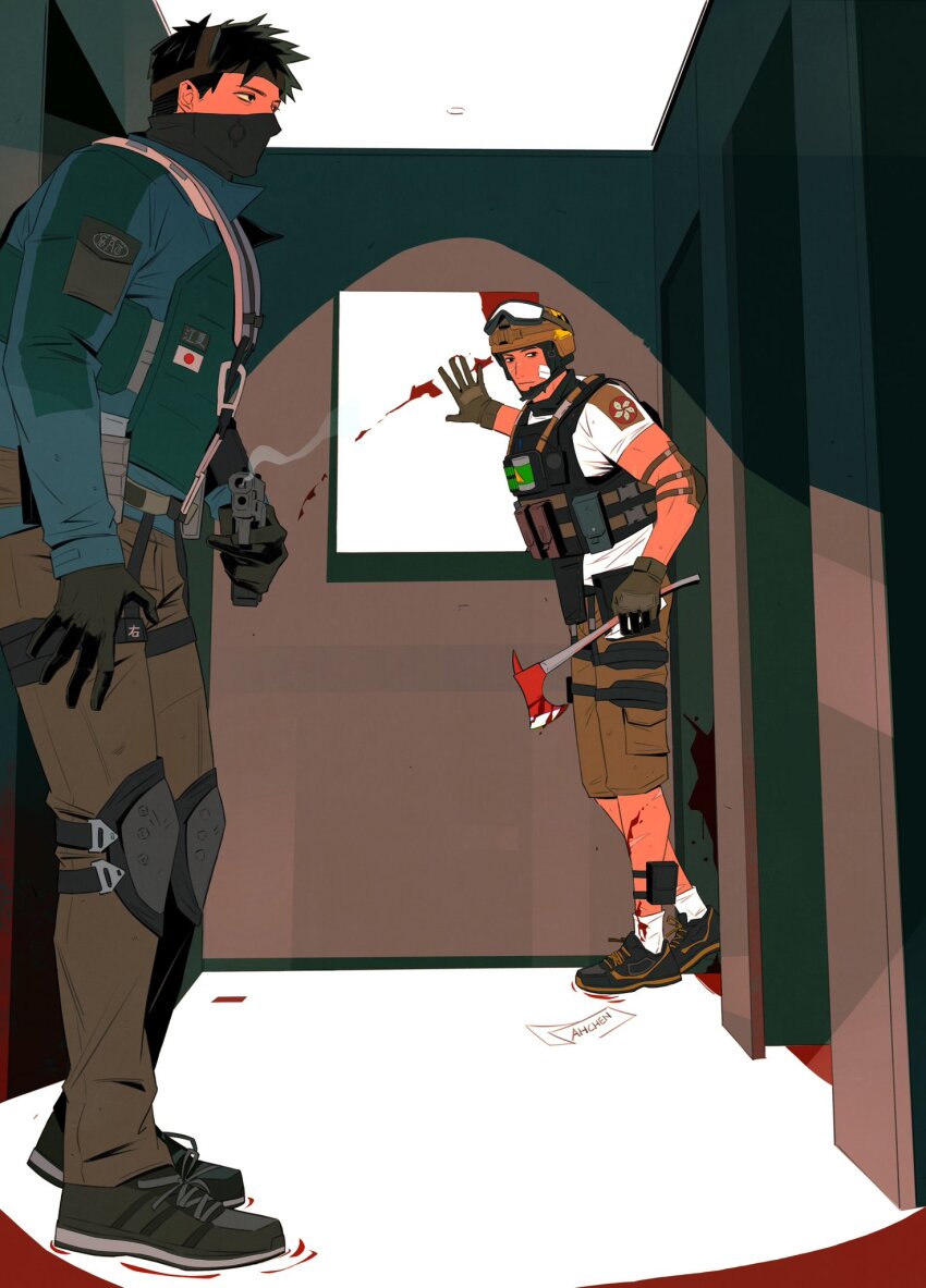 2boys, axe, bandage_on_cheek, black_gloves, black_hair, black_mask, blood, blood_on_leg, bloody_weapon, brown_pants, bulletproof_vest, combat_helmet, echo_(rainbow_six_siege), finger_on_trigger, flag, gloves, goggles, goggles_on_head, goggles_on_headwear, gun, helmet, highres, holding, holding_axe, holding_gun, holding_weapon, hong_kong_regional_flag, japanese_flag, jasonev11778442, knee_pads, lesion_(rainbow_six_siege), load_bearing_vest, male_focus, military_operator, multiple_boys, pants, rainbow_six_siege, scar, scar_on_leg, shirt, short_hair, short_sleeves, smoke, smoking_barrel, socks, standing, tactical_clothes, unworn_eyewear, weapon, white_shirt, white_socks
