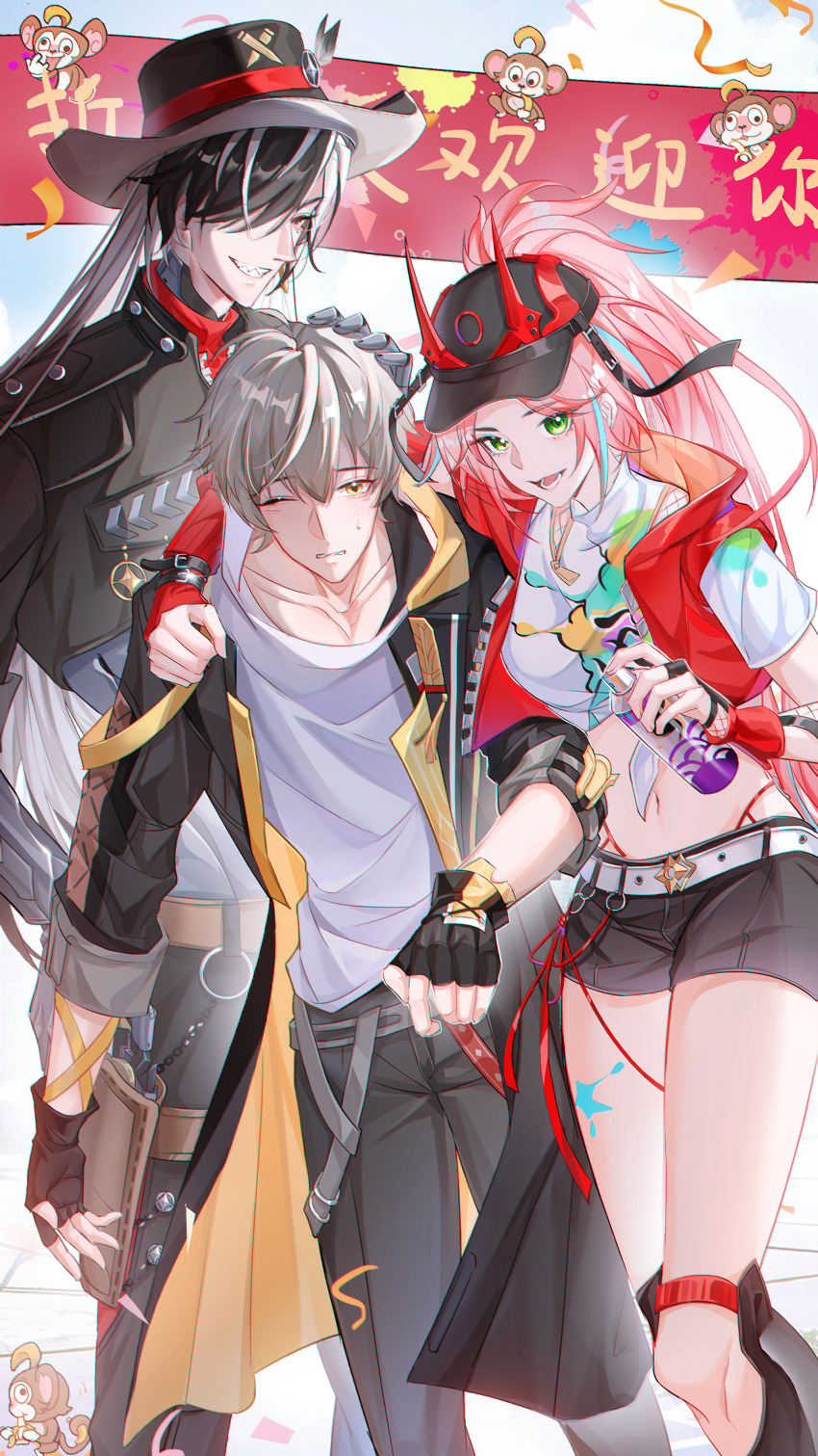 1girl, 2boys, absurdres, belt, black_gloves, black_hat, black_jacket, black_pants