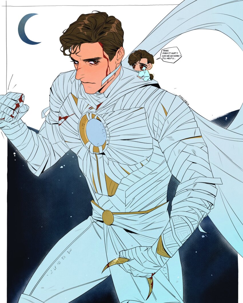 2boys, bandaged_arm, bandaged_chest, bandages, blood, blood_from_forehead, blood_on_hands, bodysuit