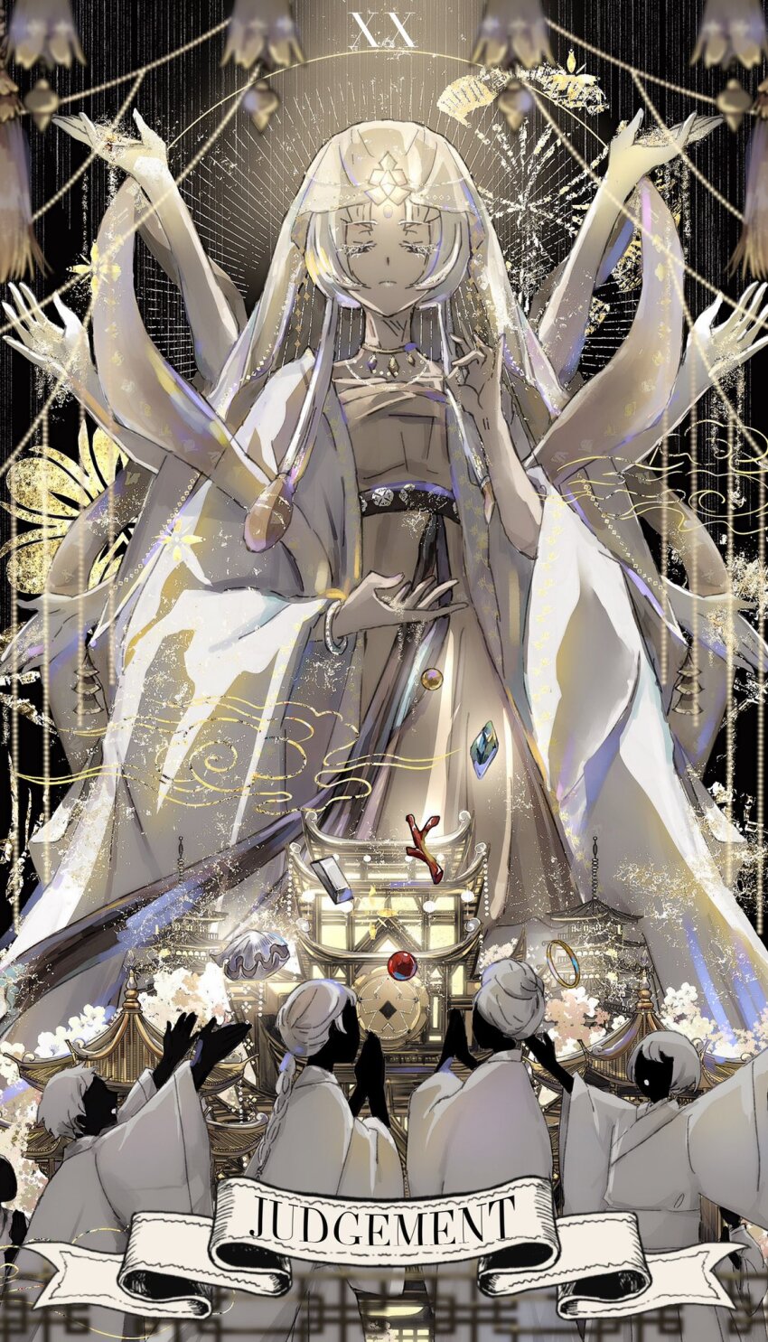 1girl, 4boys, buddhism, cookie_run, cookie_run:_kingdom, guanyin, highres, long_hair, mudra, multiple_boys, mystic_flour_cookie, notonlyasheep, robe, shawl, veil, vitarka_mudra, white_hair, white_robe, white_shawl, white_veil