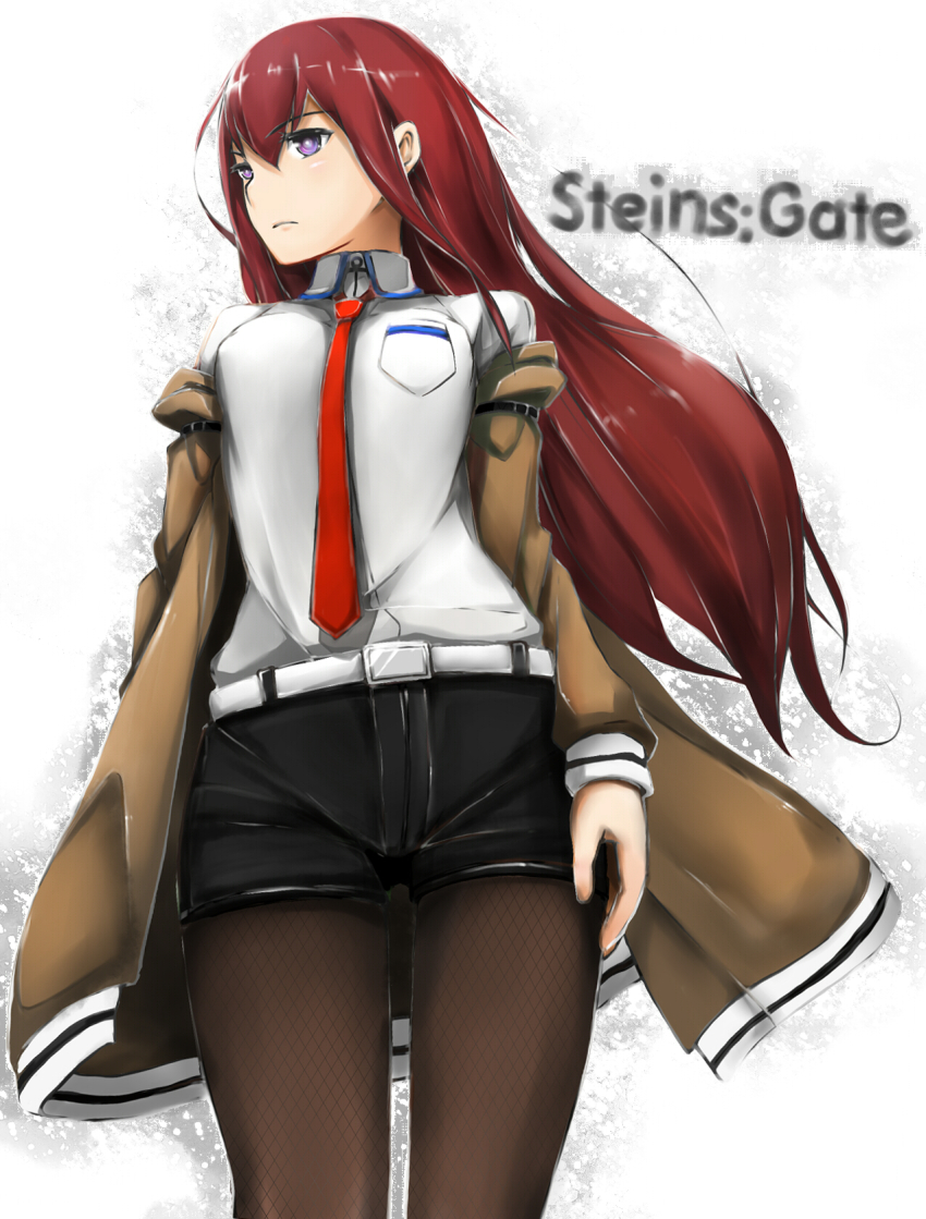 1girl, female_focus, fishnet_pantyhose, fishnets, highres, jacket, long_hair, makise_kurisu