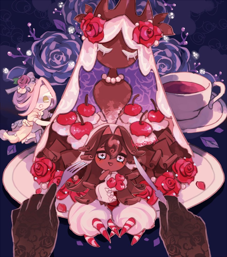 1girl, black_forest_cookie, brown_hair, cherry, cookie_run, dark-skinned_female, dark_skin, dress