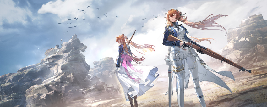 2girls, absurdres, bird, black_gloves, black_leggings, black_ribbon, blue_jacket, bolt_action, brown_hair, cropped_jacket, dalanxia, dress, dual_persona, girls'_frontline, girls'_frontline_2:_exilium, gloves, green_eyes, gun, hair_ribbon, highres, holding, holding_gun, holding_weapon, jacket, leggings, m1903_springfield, multiple_girls, official_art, pink_ribbon, ribbon, rifle, shock_baton, springfield_(girls'_frontline), springfield_(girls'_frontline_2), thighhighs, twintails, weapon, white_dress, white_gloves, white_thighhighs