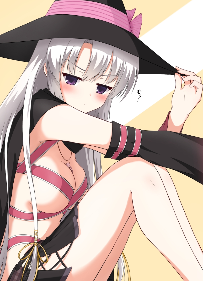 1230_mochi, 1girl, :<, absurdres, ayachi_nene, bare_shoulders, belt, belt_bra, black_cape, black_cloak, black_hat, black_skirt, blush, bow, breasts, cape, cleavage, cloak, commentary_request, curvy, detached_sleeves, from_side, grey_hair, hair_between_eyes, hair_ornament, hairband, hand_on_headwear, hand_up, hat, hat_bow, highres, holding, holding_unworn_clothes, holding_unworn_hat, jewelry, knees_up, large_breasts, long_hair, long_sleeves, looking_at_viewer, microskirt, miniskirt, necklace, pink_belt, pink_ribbon, pleated_skirt, purple_eyes, ribbon, sanoba_witch, simple_background, sitting, skirt, solo, stomach, straight_hair, thighs, translation_request, underboob, unworn_hat, unworn_headwear, v-shaped_eyebrows, very_long_hair, witch, witch_hat, yellow_hairband, yellow_ribbon