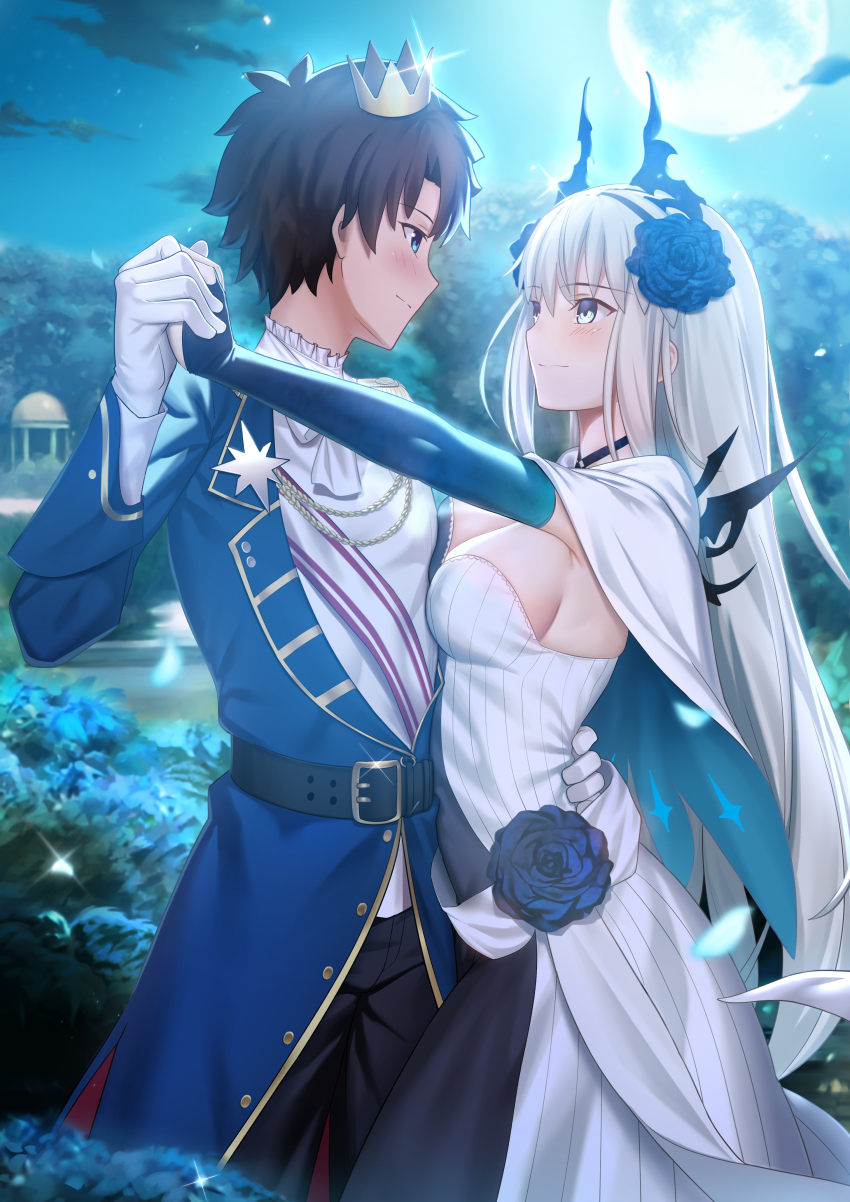 1boy, 1girl, absurdres, aiguillette, besmiled, black_hair, blue_eyes, blush