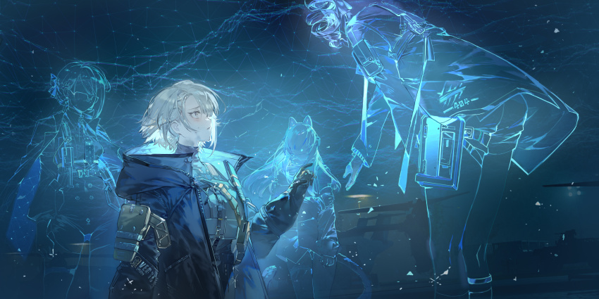 4girls, absurdres, animal_ear_headphones, animal_ears, black_bodysuit, bodysuit, bodysuit_under_clothes, cat_ear_headphones