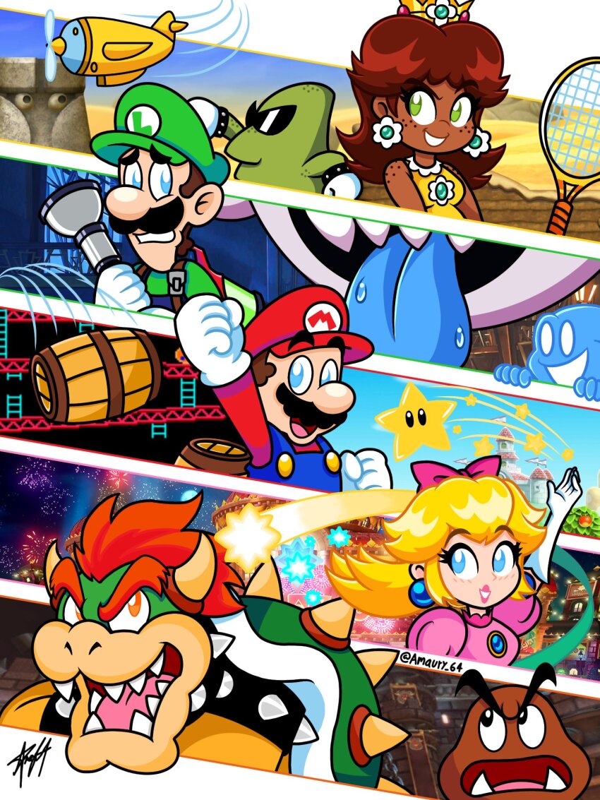 2girls, 5boys, aircraft, airplane, artist_name, bowser, crown, donkey_kong_(1981_game), donkey_kong_(series), dress, earrings, flashlight, flower_earrings, gloves, goob_(luigi's_mansion), goomba, green_eyes, hat, highres, hiyoihoi, horns, jewelry, king_boo, looking_at_another, looking_at_viewer, luigi, luigi's_mansion, luigi's_mansion_3, mario, mario_(series), mario_day, mario_tennis, multiple_boys, multiple_girls, new_super_mario_bros., new_super_mario_bros._u, nintendo, open_mouth, pink_dress, poltergust_g-00, princess_daisy, princess_peach, princess_peach:_showtime!, racket, red_hair, scared, sky_pop, spiked_shell, stone-eye, sunglasses, super_mario_land, super_star_(mario), tennis_racket
