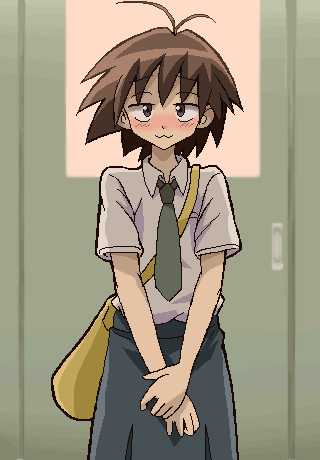 00s, 1girl, :3, ahoge, blush, brown_hair, closed_mouth, female_focus
