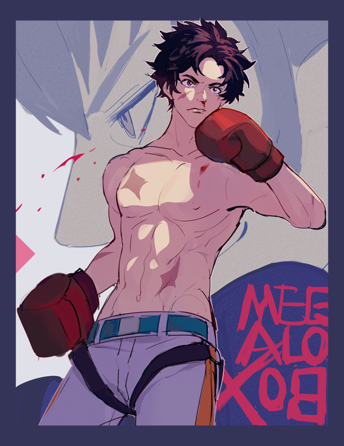 2boys, black_hair, blood, blood_on_chest, boxing_gloves, commentary_request, copyright_name, ecrsin