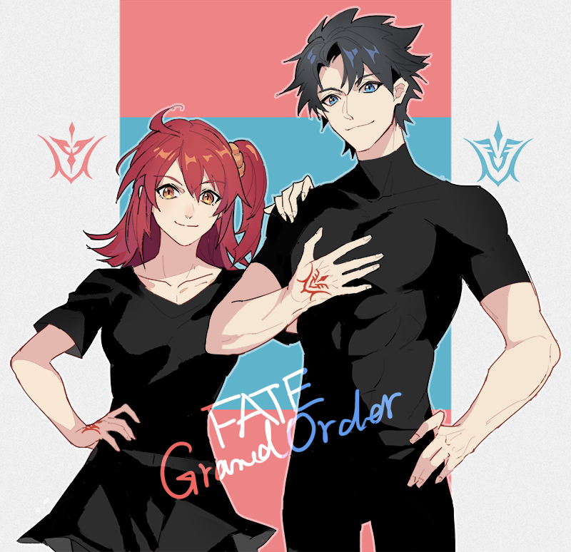 1boy, 1girl, black_hair, black_skirt, blue_eyes, chinese_commentary, command_spell, commentary_request