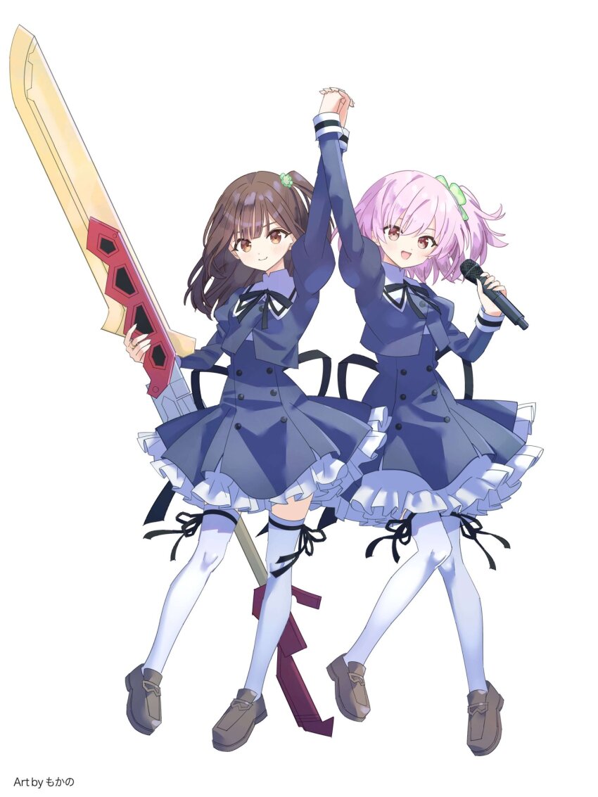 2girls, :d, akao_hikaru, arm_up, artist_name, assault_lily, black_ribbon, black_skirt