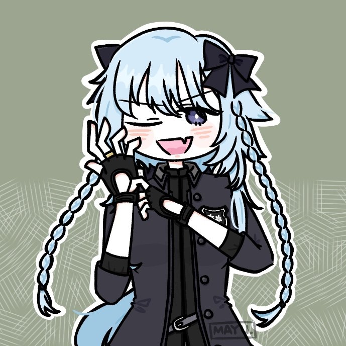 1girl, ;d, adjusting_clothes, adjusting_gloves, artist_name, assault_lily, belt, black_bow