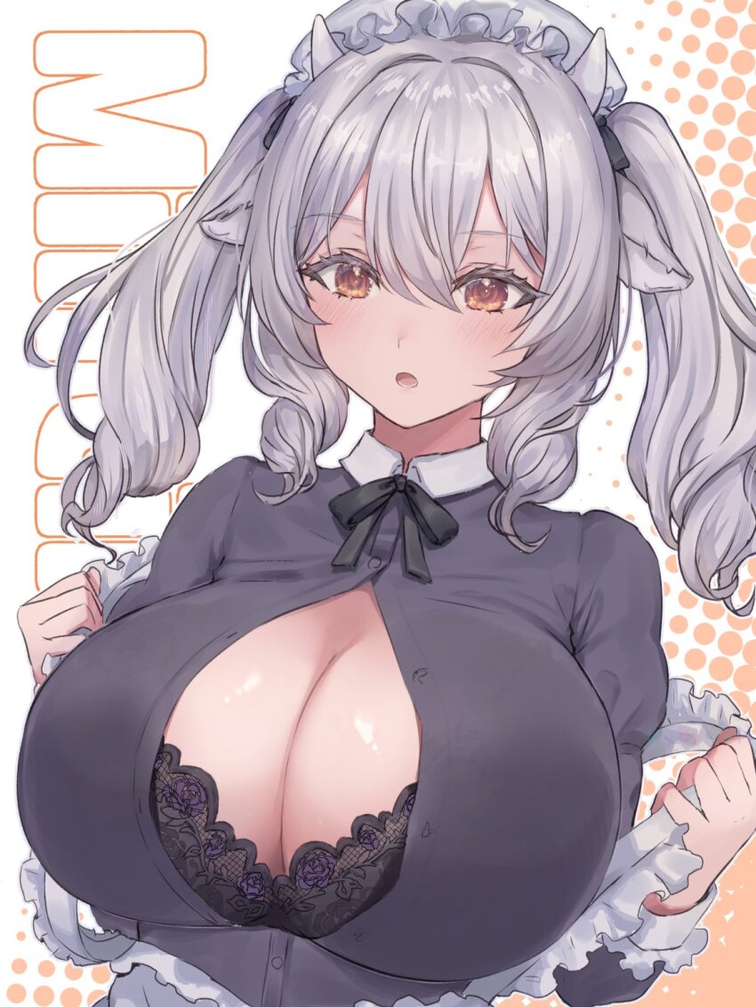 1girl, :o, animal_ears, apron, black_bow, black_bowtie, black_bra, black_dress