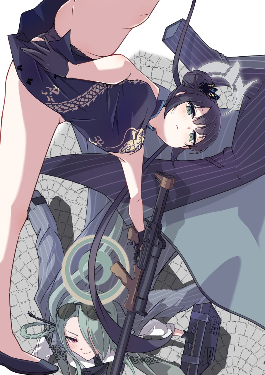 2girls, black_dress, black_gloves, black_hair, black_necktie, black_panties, blue_archive, braid