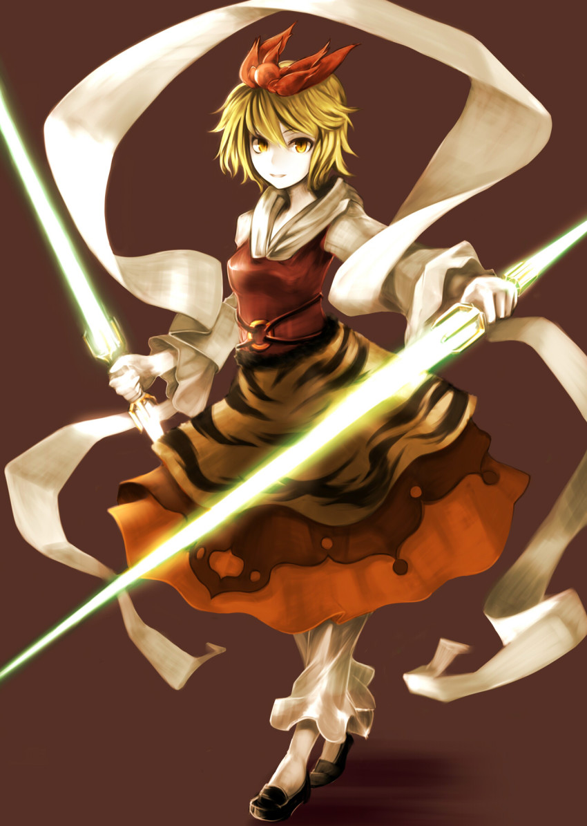 1girl, animal_print, blonde_hair, crystaline_lens, dress, energy_sword, fantasy, female_focus, hair_ornament, highres, ribbon, shawl, short_hair, solo, standing, sword, tiger_print, toramaru_shou, touhou, walking, weapon, yellow_eyes