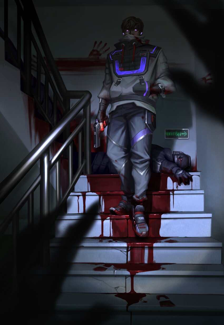 absurdres, black_hair, blood, blood_on_clothes, bloody_handprints, glowing, glowing_eyes, gun