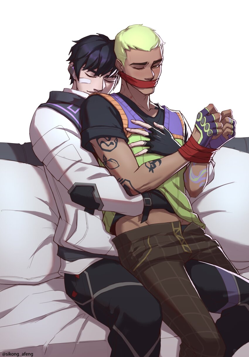 2boys, absurdres, bite_mark, black_hair, bound, bound_wrists, closed_eyes, cloth_gag, gag, gagged, gekko_(valorant), gloves, grabbing_from_behind, hand_under_clothes, highres, hood, hoodie, improvised_gag, iso_(valorant), multiple_boys, short_hair, sikong_afeng, sitting, sitting_on_lap, sitting_on_person, valorant, yaoi