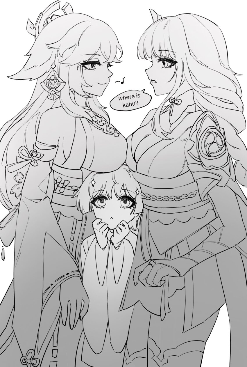 1boy, 2girls, :<, aged_down, animal_ears, arm_at_side, armor, blunt_bangs, blunt_ends, braid, breast_press, breast_rest, breasts, breasts_on_head, bridal_gauntlets, chinese_knot, choppy_bangs, cleavage, closed_mouth, crossed_bangs, detached_sleeves, earrings, ears_down, electro_symbol_(genshin_impact), english_text, eyelashes, fingernails, fox_ears, furisode, genshin_impact, girl_sandwich, grey_background, greyscale, hair_ornament, half-closed_eyes, hands_on_own_face, hands_up, height_difference, high-waist_skirt, highres, japanese_armor, japanese_clothes, jewelry, kariginu, kimono, kimono_skirt, kote, large_breasts, lingerie, liuyun_(liuyun73492), long_hair, long_sleeves, looking_at_another, looking_up, low-braided_long_hair, low-tied_long_hair, middle_ring, mitsudomoe_(shape), monochrome, mother_and_child, mother_and_son, multiple_girls, musical_note, nontraditional_miko, obi, obiage, obijime, open_mouth, panties, parent_and_child, pelvic_curtain, raiden_shogun, ribbon, ribbon-trimmed_sleeves, ribbon_trim, sandwiched, sash, scaramouche_(genshin_impact), scaramouche_(kabukimono)_(genshin_impact), shrug_(clothing), sideways_mouth, single_sidelock, single_sode, skirt, smile, speech_bubble, split_mouth, symmetrical_docking, tareme, thighhighs, tomoe_(symbol), tsurime, underwear, wide_sleeves, yae_miko