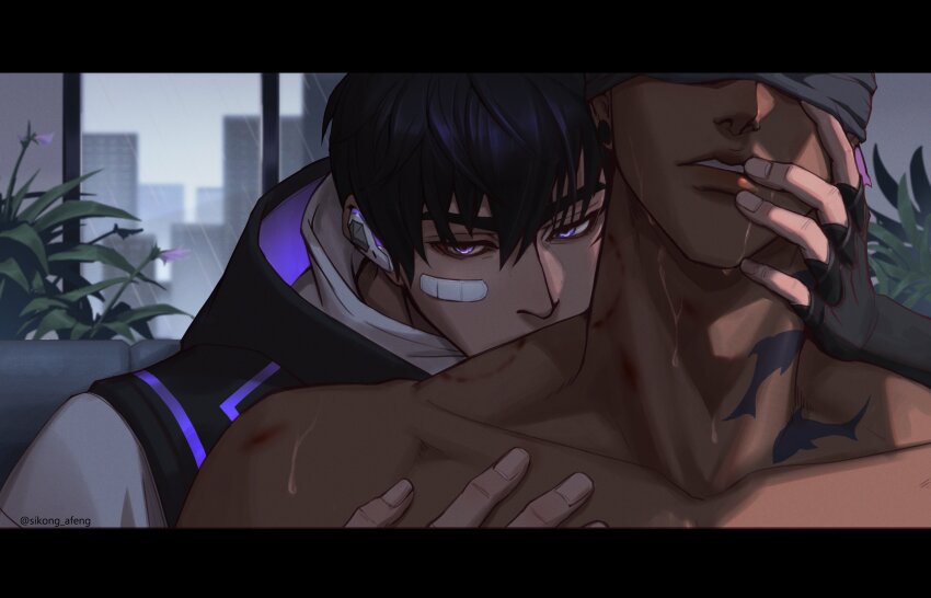 2boys, absurdres, bandaid, bandaid_on_face, bite_mark, blindfold, earbuds, earphones, glowing, glowing_eyes, grabbing_from_behind, hand_on_another's_face, highres, hood, hoodie, male_focus, multiple_boys, plant, potted_plant, purple_eyes, rain, sikong_afeng, sweat, tattoo, valorant, window, yaoi