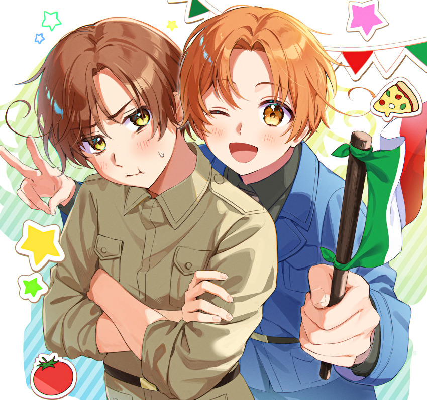 2boys, absurdres, ahoge, axis_powers_hetalia, belt, black_belt, black_shirt, blue_background